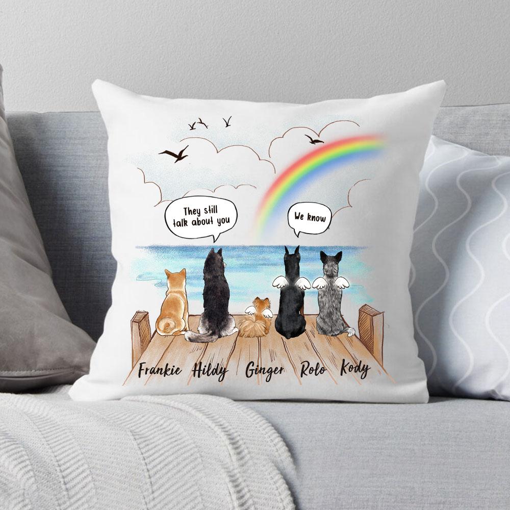 dog sitting on wooden dock and saying still talk to you canvas or linen or suede pillow dog memorial gift