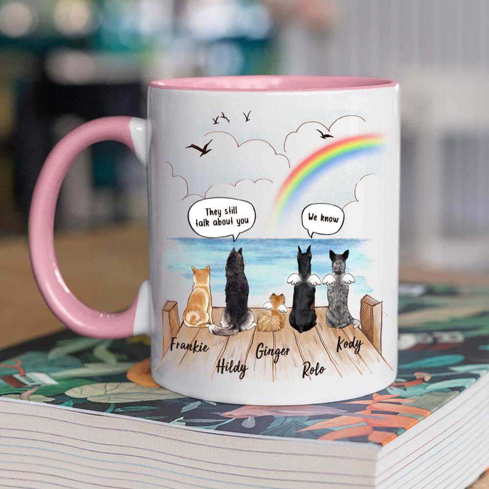 dog sitting on wooden dock and saying still talk to you pink two tone accent mug dog memorial gift