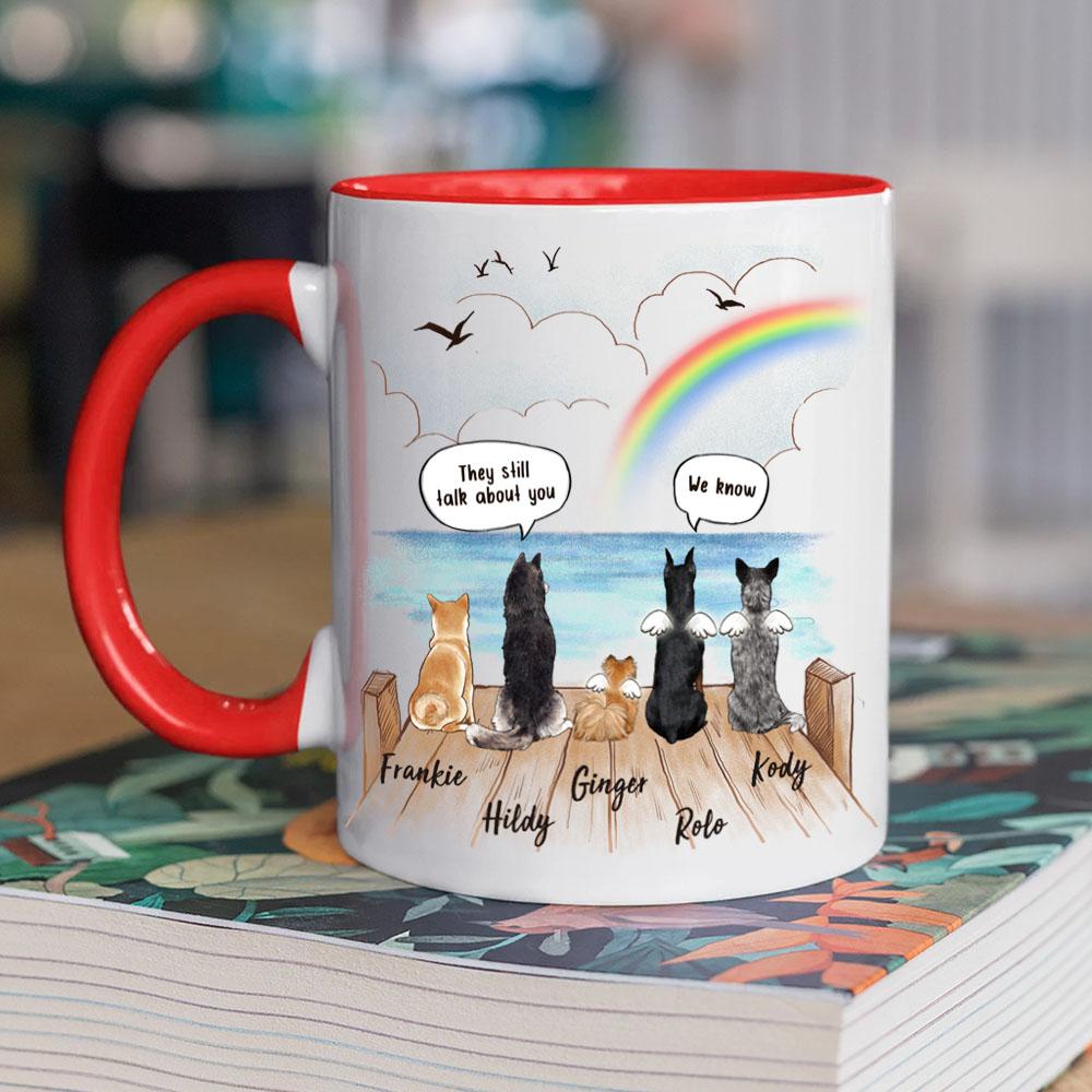 dog sitting on wooden dock and saying still talk to you red two tone accent mug dog memorial gift