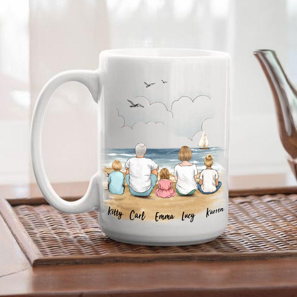 15oz mug gift for the whole family with up to 5 people sitting on beach