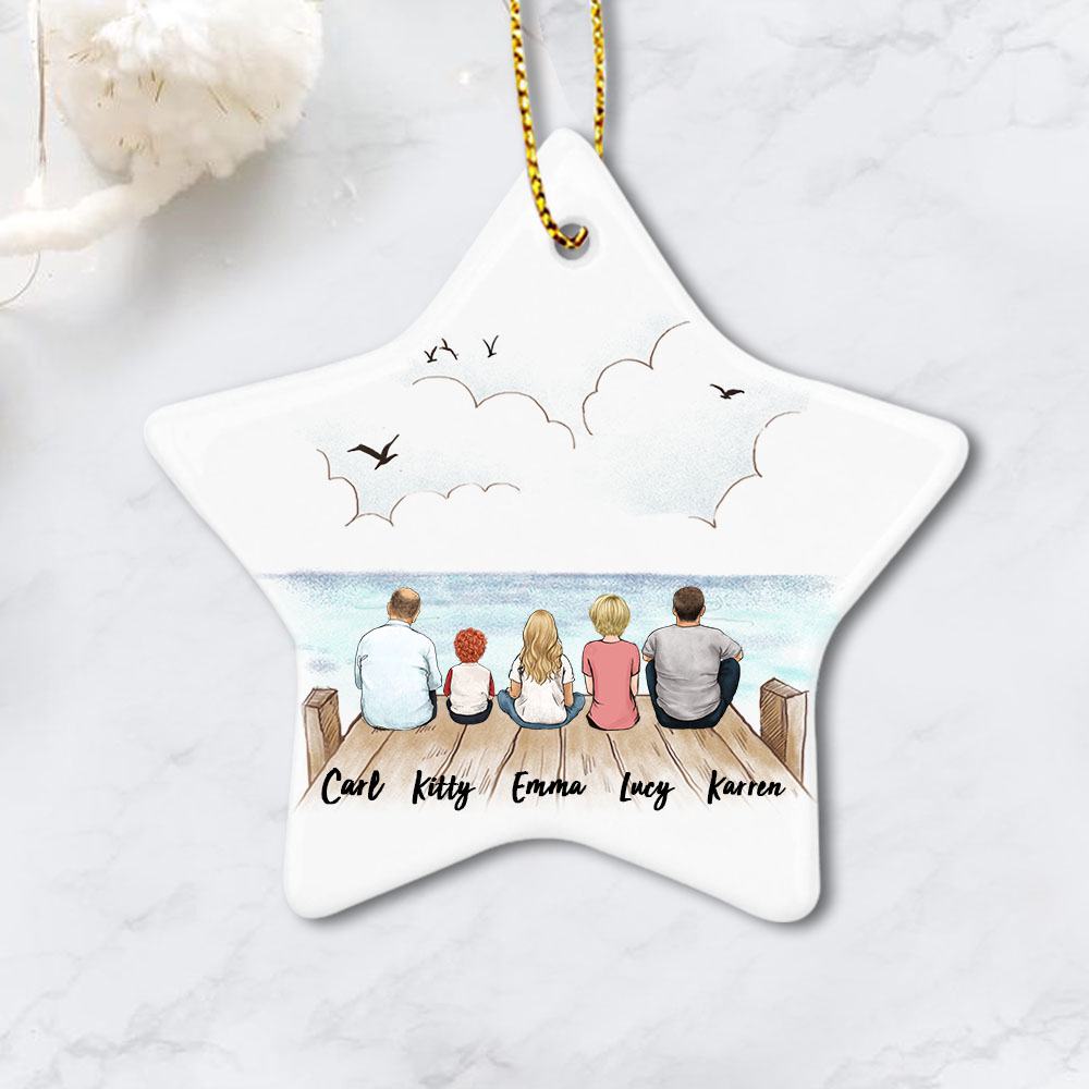 star ornament gift for the whole family with up to 5 members sitting on wooden dock