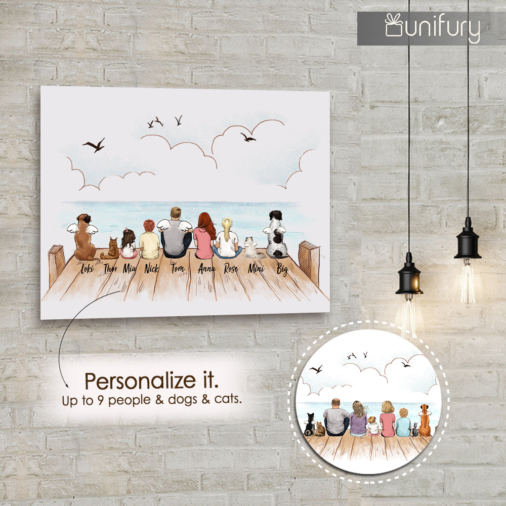 acrylic print gift for the whole family with up to 9 people and dogs and cats sitting on wooden dock