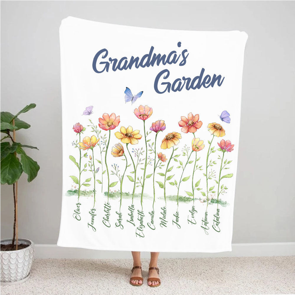 Personalized Grandma's garden fleece blanket gifts for the whole family - up to 12 names