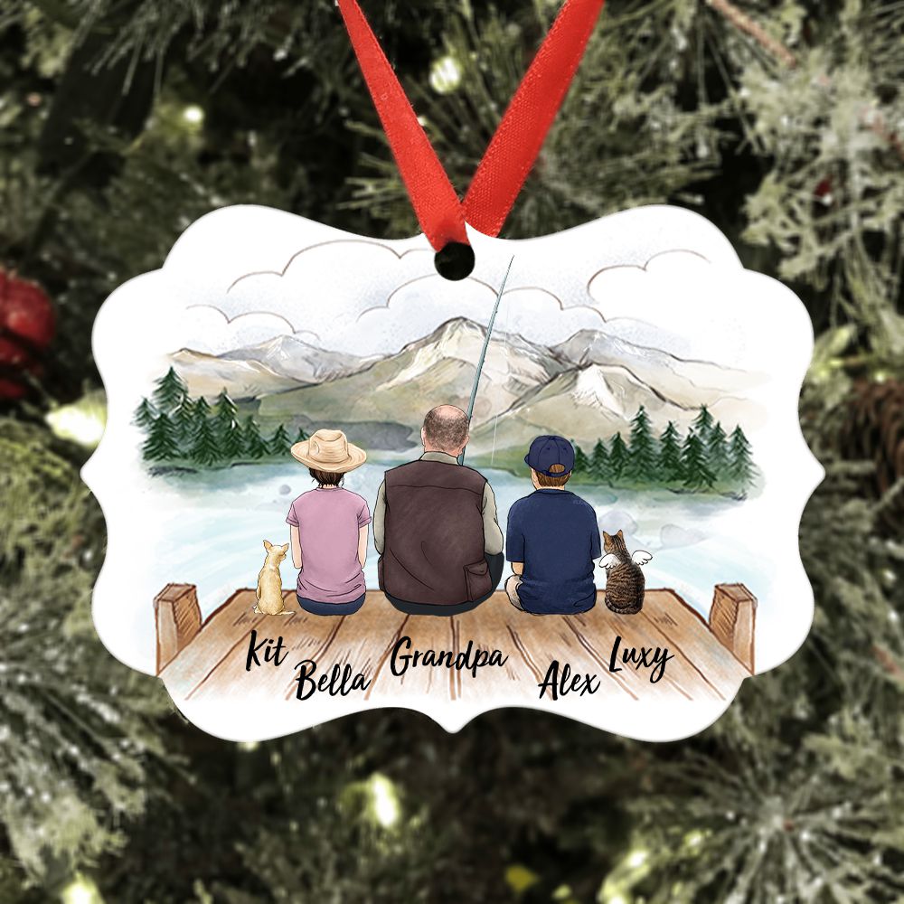 Personalized Medallion Metal Ornament gifts for the whole family & dog & cat - UP TO 5 PEOPLE & PETS - Fishing