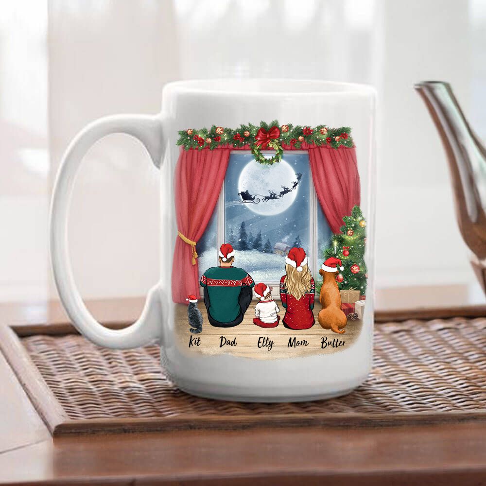 Waiting For Santa - Family With Dog & Cat Christmas Mug - Personalized Christmas Mug, Gifts For Family