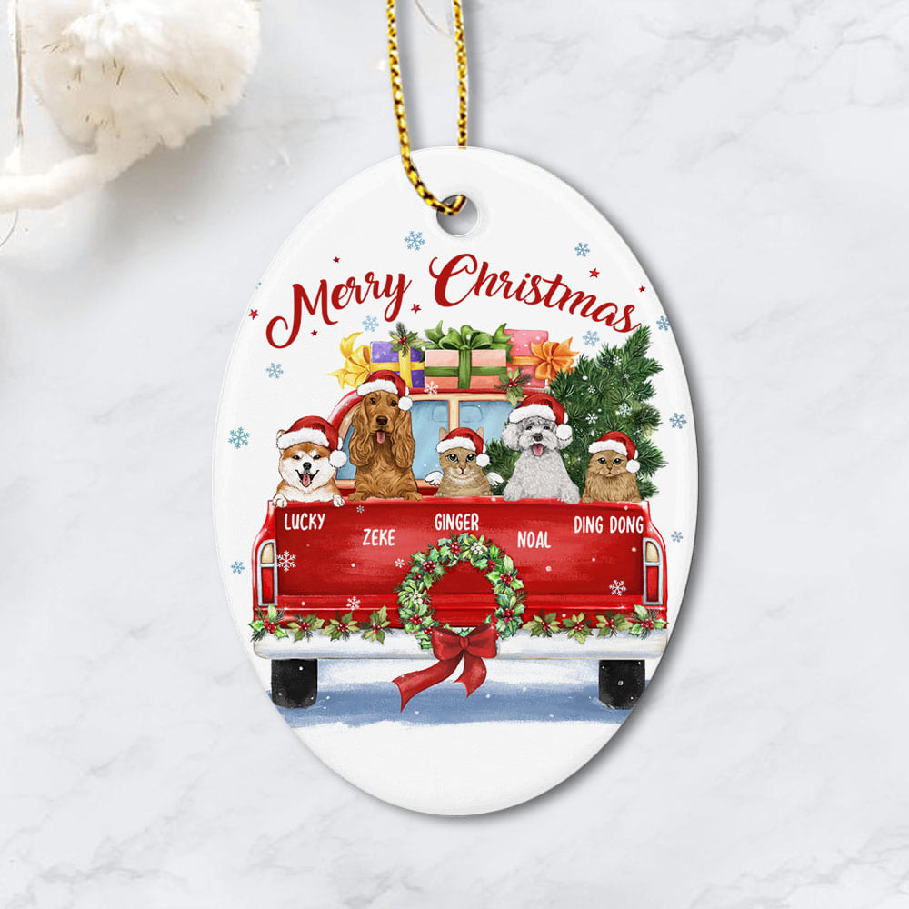 Personalized Ceramic Ornament gifts for dog cat lovers - Christmas Pickup Truck