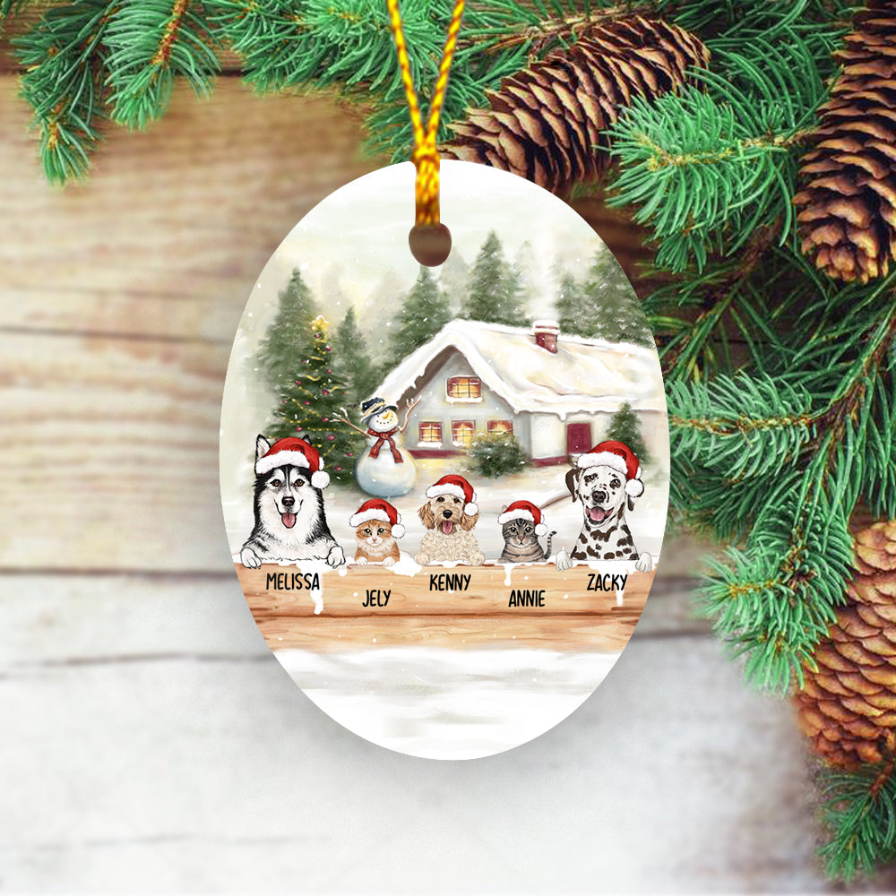 Personalized Ceramic Ornament  gifts for dog cat lovers - Christmas Wooden Fence