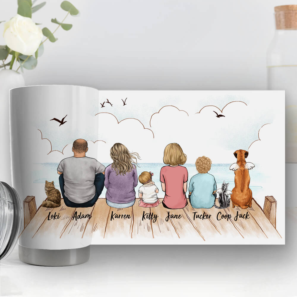 Personalized Gifts With The Whole Family & Dogs & Cats Fat Tumbler - UP TO 8 PEOPLE & PETS - Wooden Dock