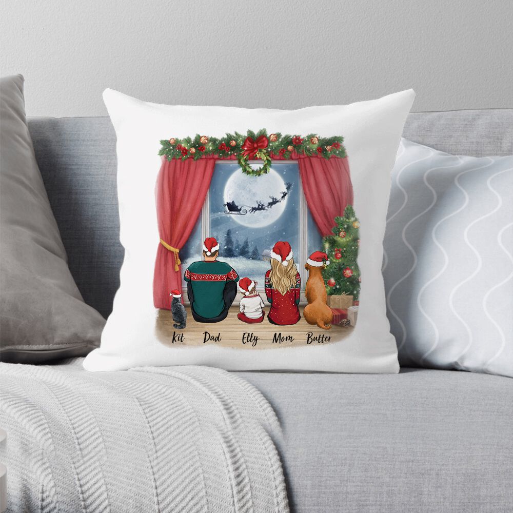 Personalized gifts for the whole family with dog, cat pillow - UP TO 5 PEOPLE & PETS - Waiting for Santa