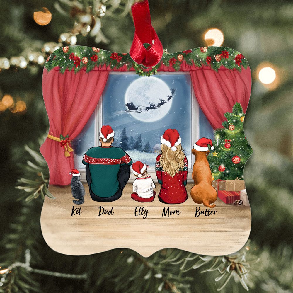 Personalized Square Metal Ornament gifts for the whole family with dog, cat  - UP TO 5 PEOPLE & PETS - Waiting for Santa