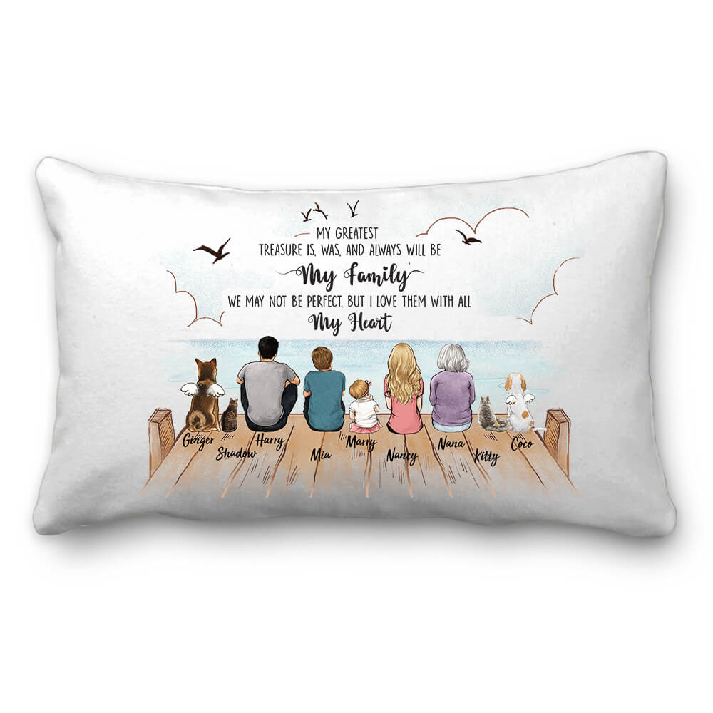 Personalized Gifts With The Whole Family & Dogs & Cats Throw Pillow - UP TO 9 PEOPLE & PETS - My Greatest Treasure
