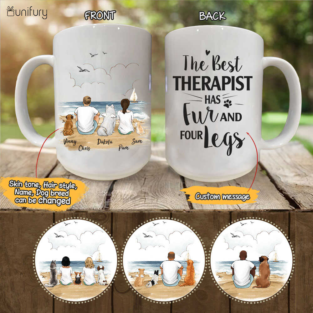 Personalized dog mug gifts for dog lovers - The best therapist has pur and four legs